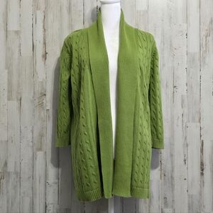 Classic Elements Green 3/4 Sleeve Cable Knit Open Front Cardigan Size Small